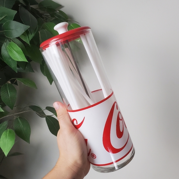 Vintage Coca Cola Glass Straw Holder with Red Lid - Picture 2 of 9